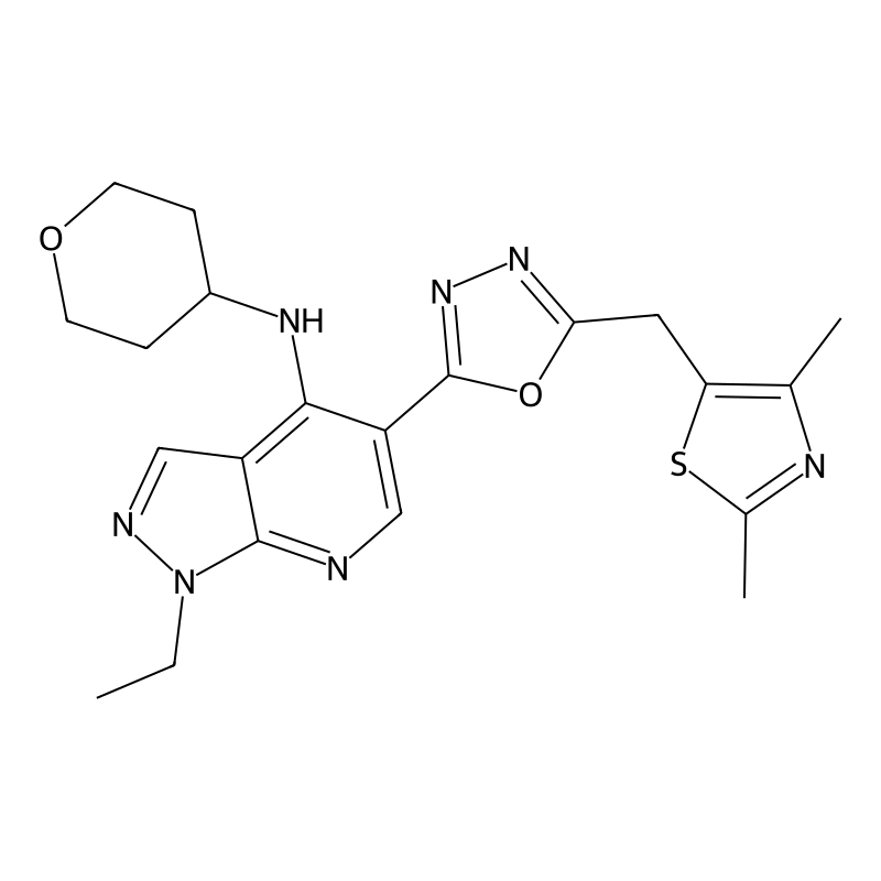 1H-Pyrazolo(3,4-b)pyridin-4-amine, 5-(5-((2,4-dimethyl-5-thiazolyl)methyl)-1,3,4-oxadiazol-2-yl)-1-ethyl-n-(tetrahydro-2H-pyran-4-yl)-