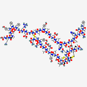 (4S)-4-[[2-[[(1R,6R,12S,15S,18S,21S,24S,27S,30S,33S,36S,39S,42R,47R,50S,53S,56S,59S,62S,65S,68S,71S,74R,77S,80S,83S,88R)-88-[[(2S)-5-amino-2-[[(2S)-2-[[(2S)-2-[[(2S,3S)-2-[(2-aminoacetyl)amino]-3-methylpentanoyl]amino]-3-methylbutanoyl]amino]-4-carboxybutanoyl]amino]-5-oxopentanoyl]amino]-6-[[(2S)-2-[[(2S)-2-[[(2S)-5-amino-2-[[(2S)-4-amino-2-[[(2S)-2-[[(2S)-2-amino-3-phenylpropanoyl]amino]-3-methylbutanoyl]amino]-4-oxobutanoyl]amino]-5-oxopentanoyl]amino]-3-(1H-imidazol-5-yl)propanoyl]amino]-4-methylpentanoyl]amino]-47-[[(1S)-3-amino-1-carboxy-3-oxopropyl]carbamoyl]-53-(2-amino-2-oxoethyl)-62-(3-amino-3-oxopropyl)-77-[(2S)-butan-2-yl]-24,56-bis(2-carboxyethyl)-83-[(1R)-1-hydroxyethyl]-12,71,80-tris(hydroxymethyl)-33,50,65-tris[(4-hydroxyphenyl)methyl]-15-(1H-imidazol-5-ylmethyl)-27-methyl-18,30,36,59,68-pentakis(2-methylpropyl)-7,10,13,16,19,22,25,28,31,34,37,40,49,52,55,58,61,64,67,70,73,76,79,82,85,87-hexacosaoxo-21,39-di(propan-2-yl)-3,4,44,45,90,91-hexathia-8,11,14,17,20,23,26,29,32,35,38,41,48,51,54,57,60,63,66,69,72,75,78,81,84,86-hexacosazabicyclo[72.11.7]dononacontane-42-carbonyl]amino]acetyl]amino]-5-[[(2S)-1-[[2-[[(2S)-1-[[(2S)-1-[[(2S)-1-[[(2S,3R)-1-[(2S)-2-[[(2S)-6-amino-1-[[(1S)-1-carboxyethyl]amino]-1-oxohexan-2-yl]carbamoyl]pyrrolidin-1-yl]-3-hydroxy-1-oxobutan-2-yl]amino]-3-(4-hydroxyphenyl)-1-oxopropan-2-yl]amino]-1-oxo-3-phenylpropan-2-yl]amino]-1-oxo-3-phenylpropan-2-yl]amino]-2-oxoethyl]amino]-5-carbamimidamido-1-oxopentan-2-yl]amino]-5-oxopentanoic acid